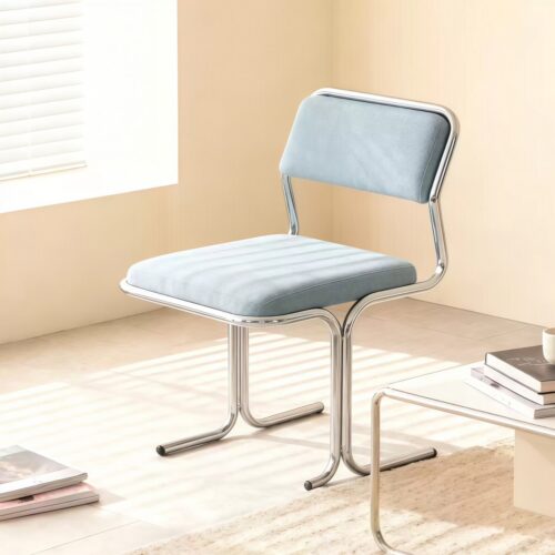Bauhaus Style Dining Chair with Polished Stainless Steel Frame & Linen Fabric Upholstery - Dining chair - QONKA HOME