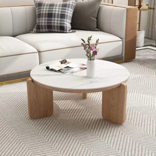 Nordic Style Oak Solid Wood & Sintered Stone Coffee Table Set, Rectangle & Round Available - Bedside table - QON...