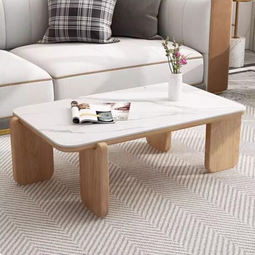 Nordic Style Oak Solid Wood & Sintered Stone Coffee Table Set, Rectangle & Round Available - Bedside table - QON...