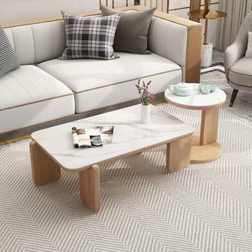 Nordic Style Rectangle  Oak Solid Wood & Sintered Stone Coffee Table Set - Coffee table - QONKA HOME