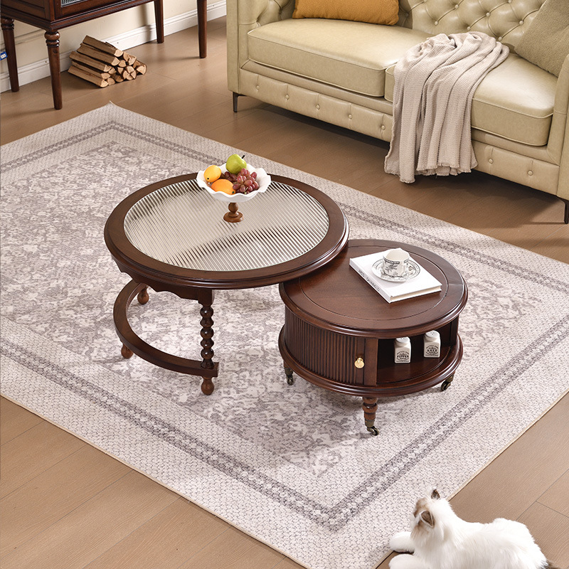 American Vintage Solid Wood Coffee Table with Tempered Glass Top - Coffee table - QONKA HOME