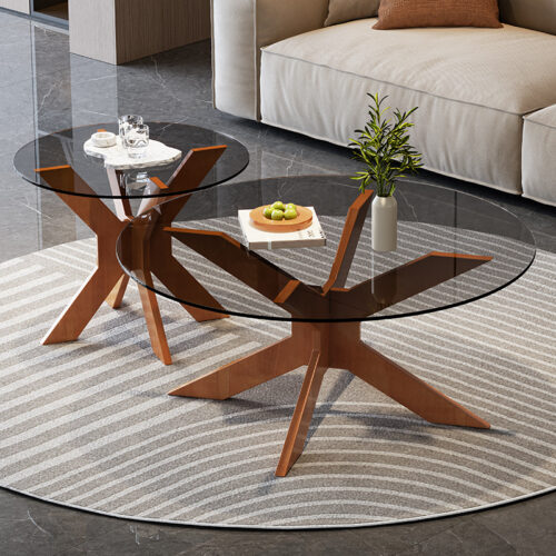 Modern Round Coffee Table Set X‑Shape Solid Wood Base Tempered Smoked Glass Top side table - Bedside table - QONKA HOME