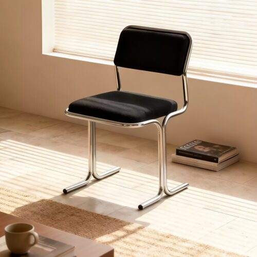 Bauhaus Style Dining Chair with Polished Stainless Steel Frame & Linen Fabric Upholstery - Dining chair - QONKA HOME