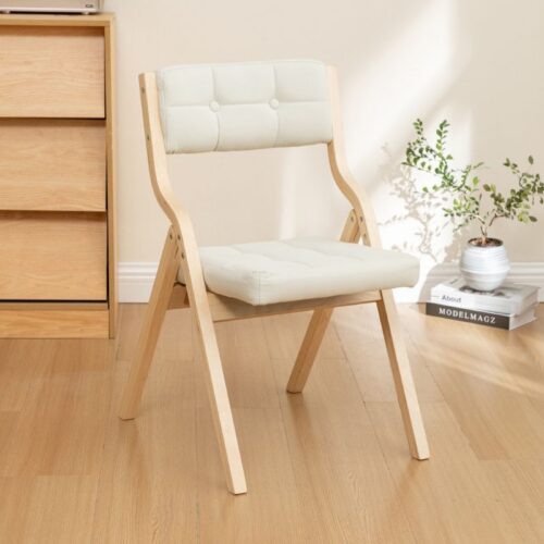 Poplar Wood Folding Dining Chair Linen Fabric Padded Foldable Dining Side Chair for Kitchen Apartment - Dining chair - QON...