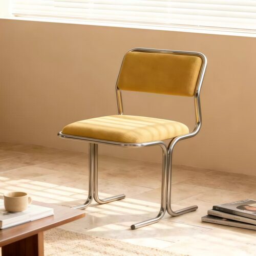 Bauhaus Style Dining Chair with Polished Stainless Steel Frame & Linen Fabric Upholstery - Dining chair - QONKA HOME