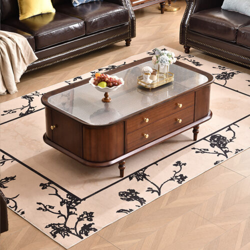 American Vintage Solid Wood Coffee Table with Tempered Glass Top - Coffee table - QONKA HOME