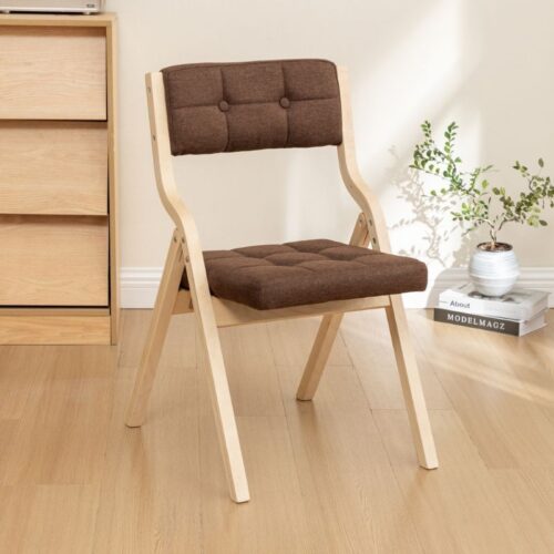 Poplar Wood Folding Dining Chair Linen Fabric Padded Foldable Dining Side Chair for Kitchen Apartment - Dining chair - QON...