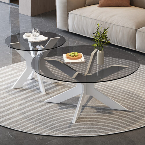 Modern Round Coffee Table Set X‑Shape Solid Wood Base Tempered Smoked Glass Top side table - Bedside table - QONKA HOME