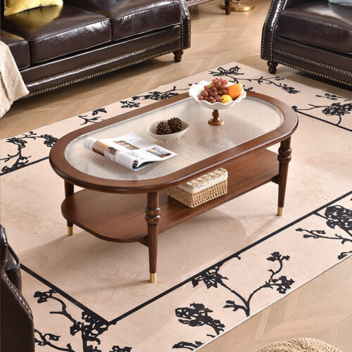 American Vintage Solid Wood Coffee Table with Tempered Glass Top - Coffee table - QONKA HOME