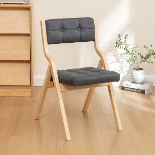 Poplar Wood Folding Dining Chair Linen Fabric Padded Foldable Dining Side Chair for Kitchen Apartment - Dining chair - QON...