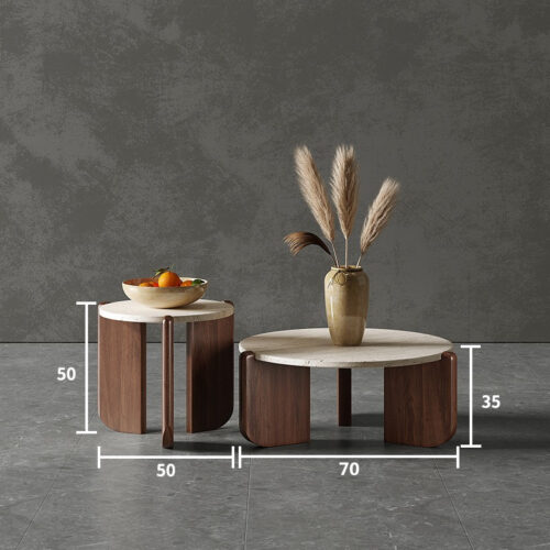 Natural Travertine round Coffee Table & Side Table Set Wabi‑Sabi Solid Wood Leg - Coffee table - QONKA HOME