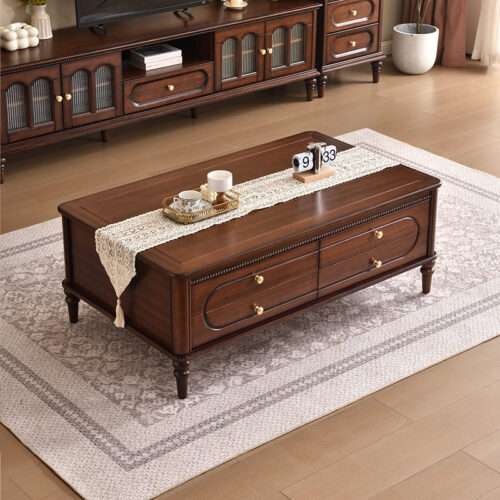 American Vintage Solid Wood Coffee Table with Tempered Glass Top - Coffee table - QONKA HOME