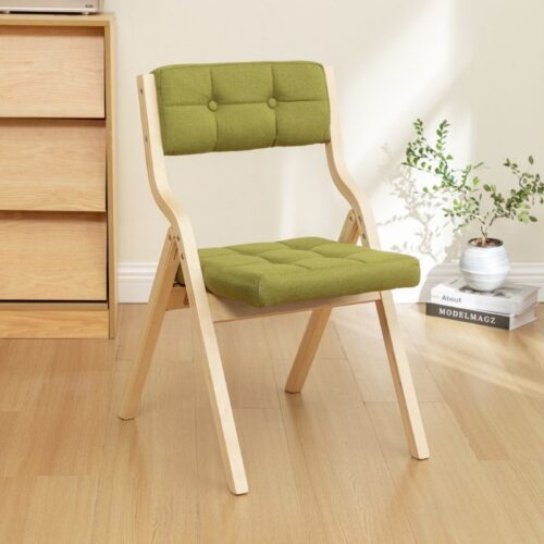 Poplar Wood Folding Dining Chair Linen Fabric Padded Foldable Dining Side Chair for Kitchen Apartment - Dining chair - QON...