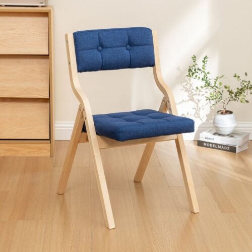 Poplar Wood Folding Dining Chair Linen Fabric Padded Foldable Dining Side Chair for Kitchen Apartment - Dining chair - QON...