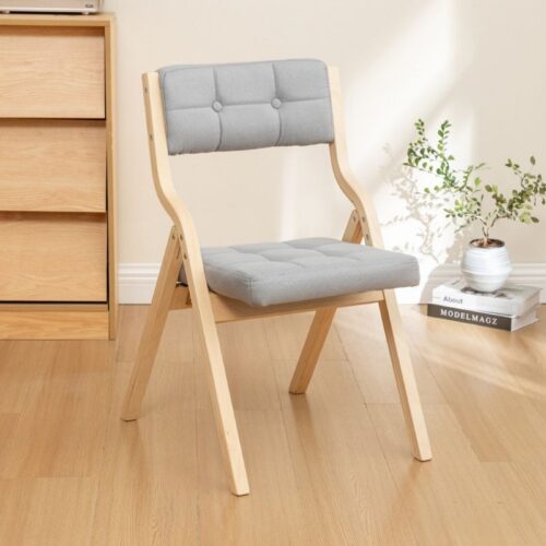 Poplar Wood Folding Dining Chair Linen Fabric Padded Foldable Dining Side Chair for Kitchen Apartment - Dining chair - QON...