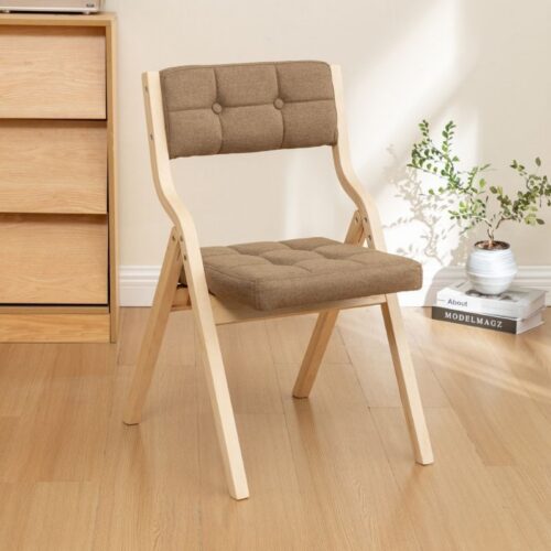 Poplar Wood Folding Dining Chair Linen Fabric Padded Foldable Dining Side Chair for Kitchen Apartment - Dining chair - QON...