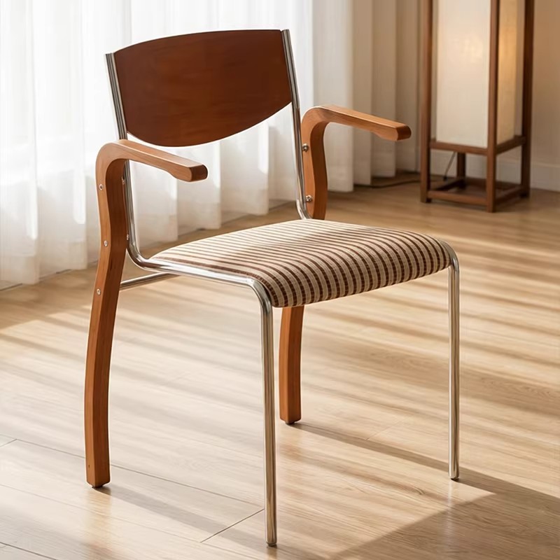 Armrest Dining Chair Q195 Carbon Steel Frame Multi‑layer Solid Wood Back Padded Seat Side Chair for Home Office Cafe - D...