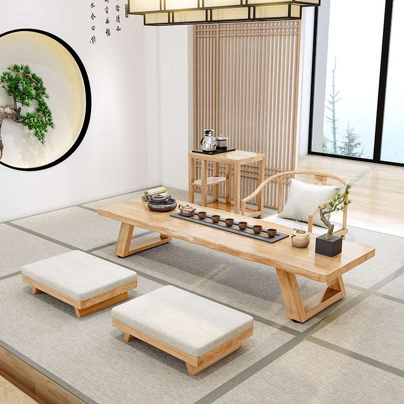 Solid Wood Japanese‑Style Tea Table Set With Chairs - Living room furniture - QONKA HOME