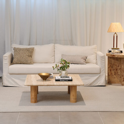 Natural Travertine Top Solid Wood Leg Coffee Table Rectangular Real Stone Center Table - Coffee table - QONKA HOME