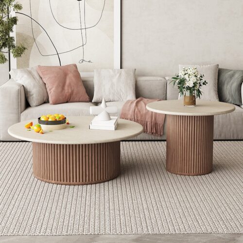 Round Coffee Table Set, Sintered Stone Top With Fluted Wood Base - Coffee table - QONKA HOME