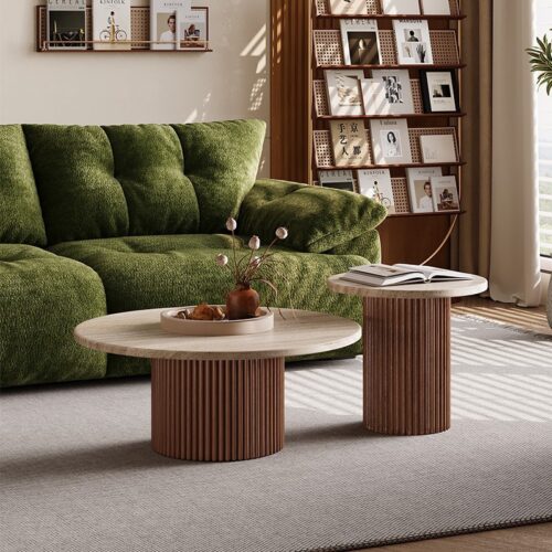 Round Natural Travertine Coffee Table With Fluted walnut Wood Base &side table - Coffee table - QONKA HOME