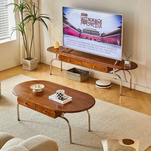 Mid‑Century Wood TV Stand & Coffee Table Set, Retro Solid Wood Storage Entertainment Unit With Metal Legs - Coffee ...