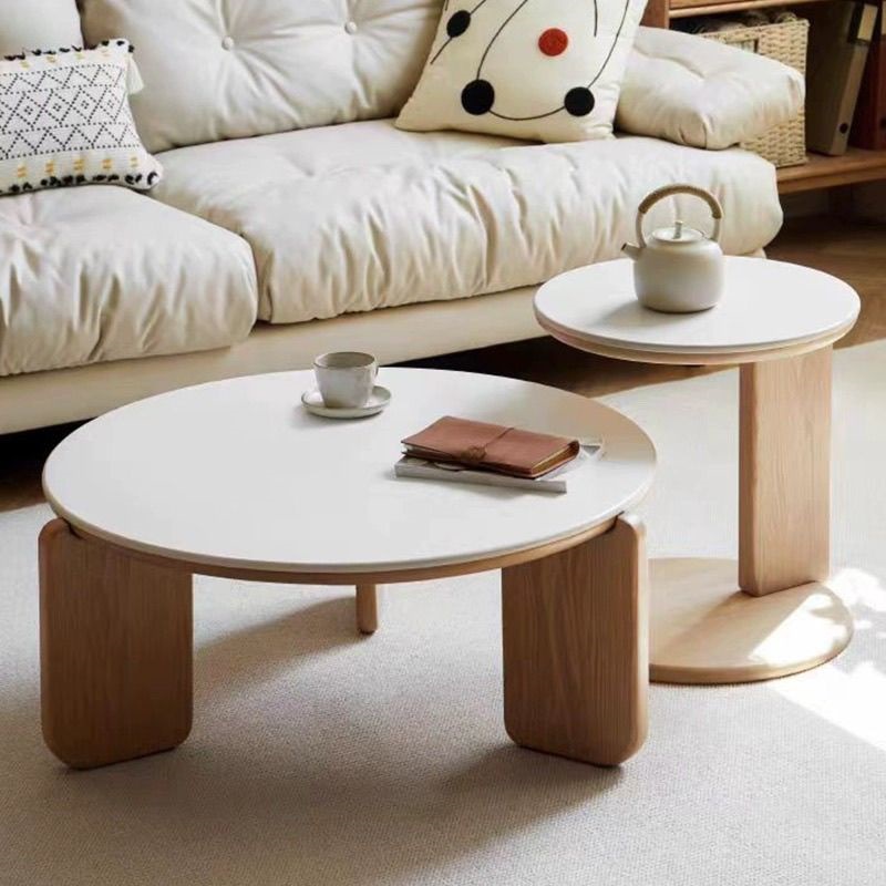 Nordic Style Oak Solid Wood & Sintered Stone Coffee Table Set, Rectangle & Round Available - Bedside table - QON...