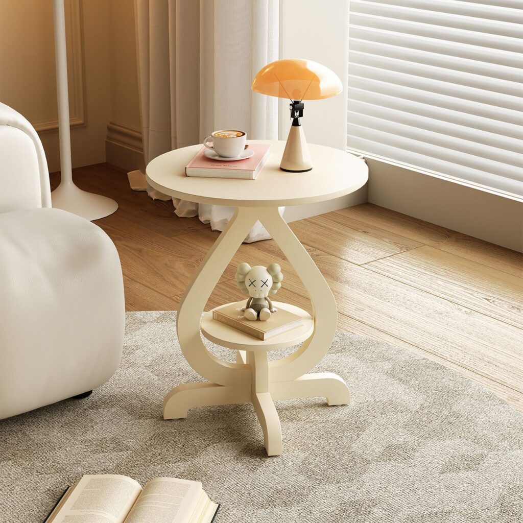 Cream White Round Sofa Side Table mdf Density Fiberboard Accent End Table - Bedside table - QONKA HOME