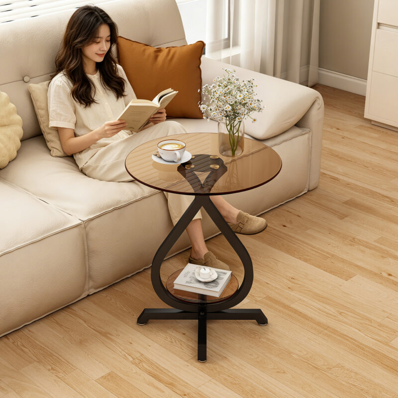 Round Smoked Glass Side Table Teardrop‑Shaped Metal Frame 2‑Tier End Table - Bedside table - QONKA HOME