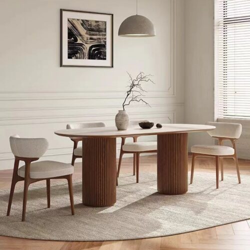 Oval Sintered Stone Dining Table Fluted Solid Wood Double Pedestal Base Modern Minimalist Dining Table for Dining Room - D...