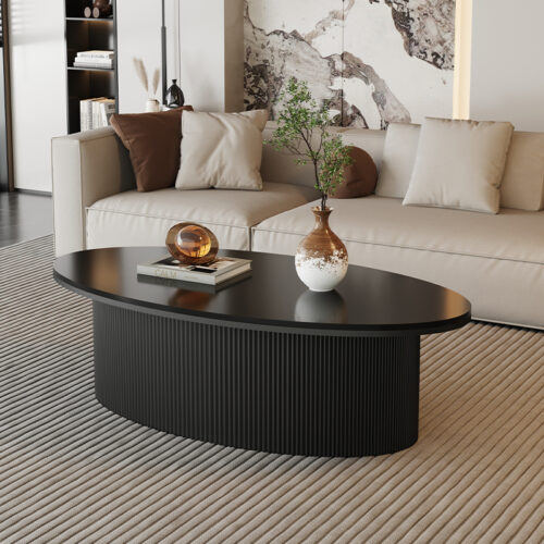 Oval Sintered Stone Coffee Table Black Fluted Wave Pedestal - Coffee table - QONKA HOME