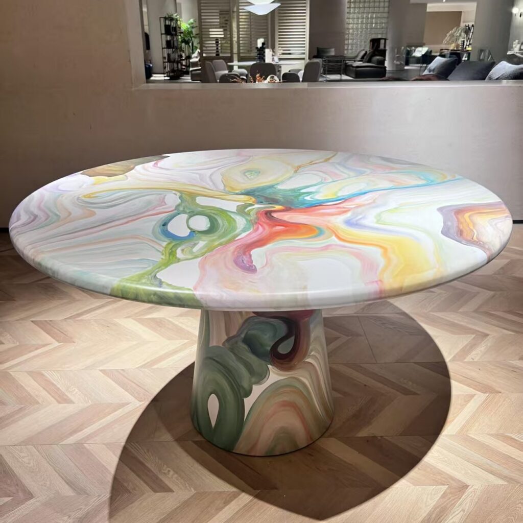Round Solid Ash Wood Dining Table Art Marbled Swirl Finish Conical Pedestal Base Contemporary Designer Dining Table - Dini...
