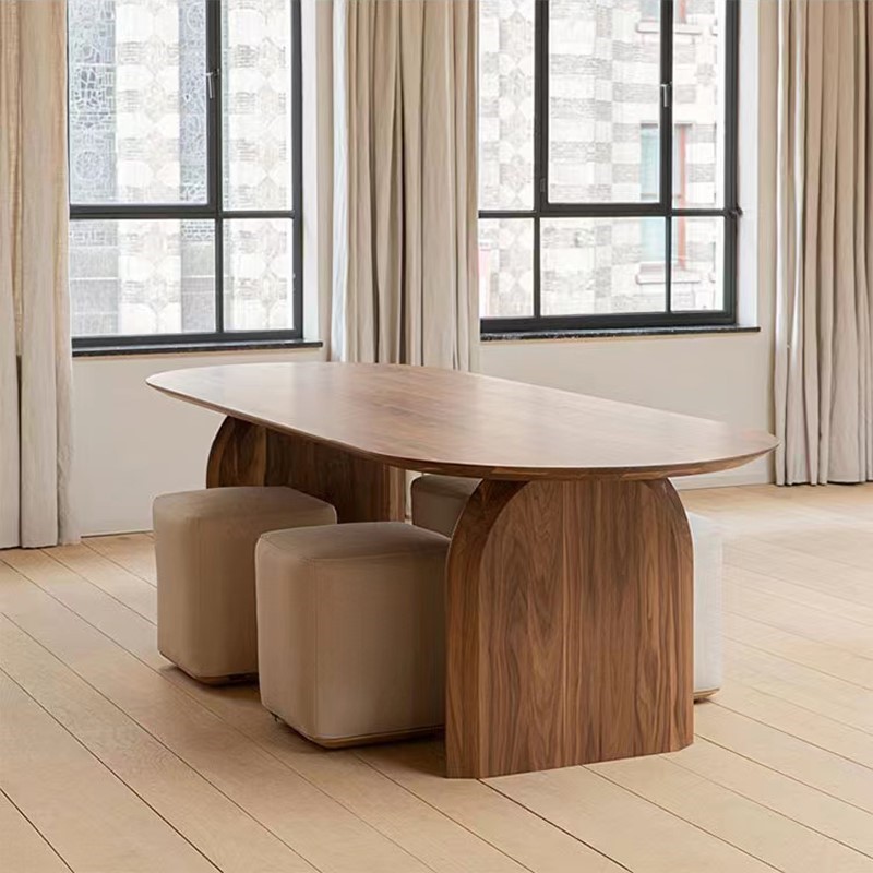 Oval Solid Pine Dining Table Double Arch Panel Base Minimalist Japandi Solid Wood Dining Table - Dining table - QONKA HOME