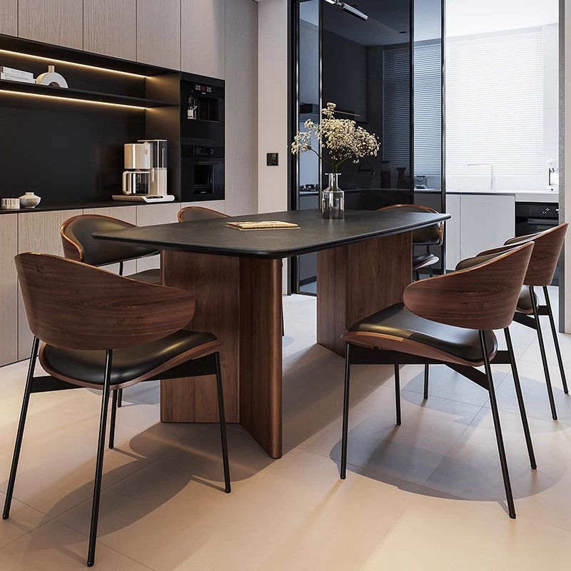 Rectangular Dining Table Sintered Stone Tabletop Solid Wood Double Trestle Base Modern Minimalist Dining Table for Home - ...