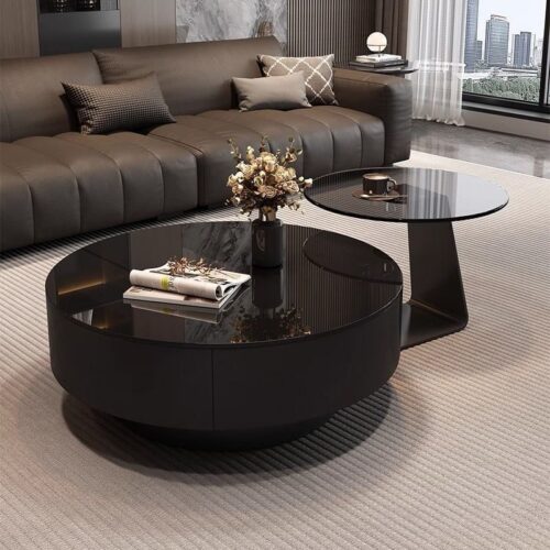 Round Black Glass Storage Nesting Coffee Table Set - Coffee table - QONKA HOME