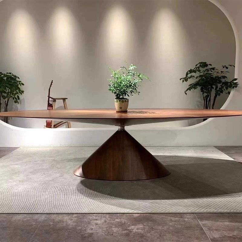 Oval Solid Walnut Dining Table Sunburst Veneer Pedestal Base Designer Modern Luxury Solid Wood Dining Table - Dining table...