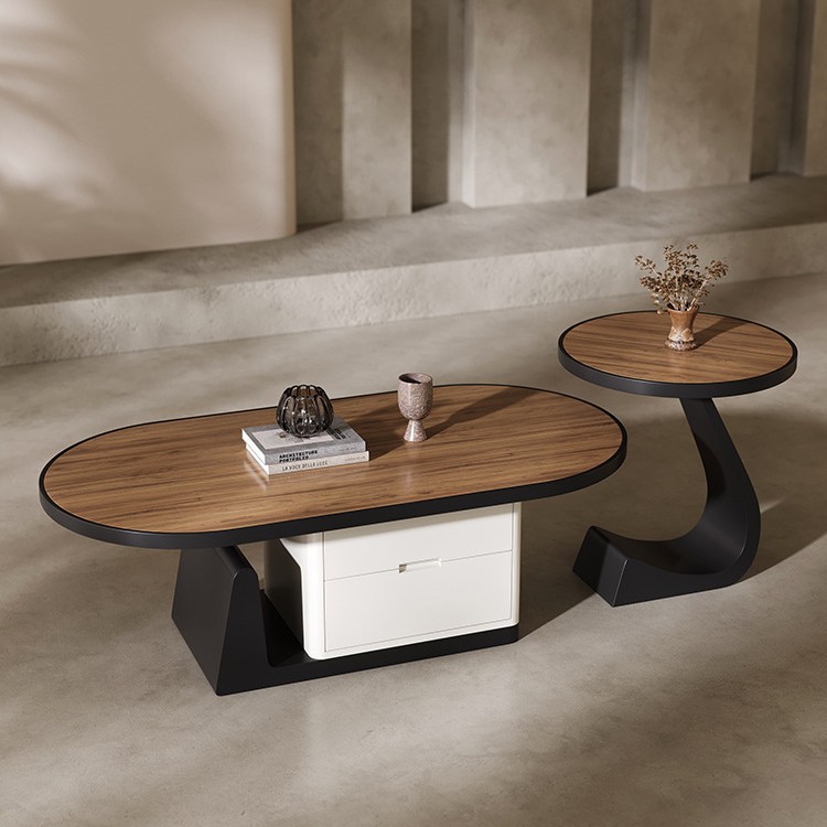 Mid-century Walnut  Oval Coffee Table With Drawers & Side Table Set - Coffee table - QONKA HOME
