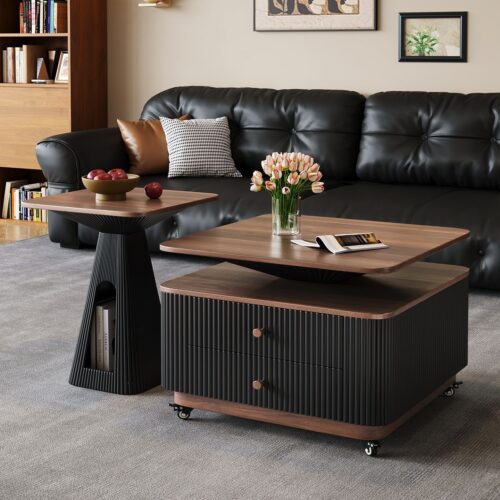 French Walnut Coffee Table Set  with Fluted Storage Drawer - Coffee table - QONKA HOME