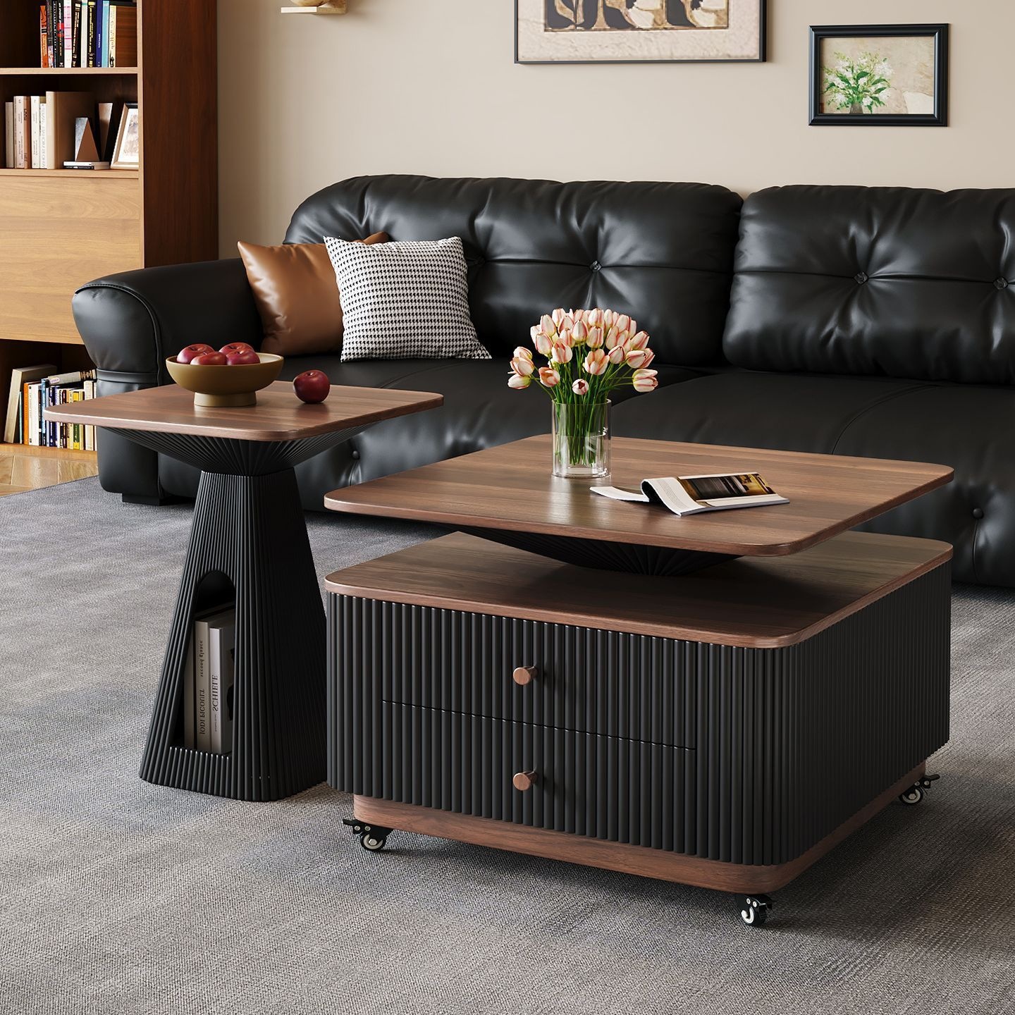 French walnut coffee table set fluted storage drawer QONKA HOME coffee table manufacturer