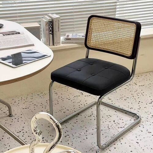 Cantilever Dining Chair PP Rattan Backrest Upholstered PU Seat Chrome Metal Frame Mid-Century Modern Side Chair - Dining c...