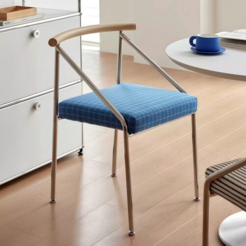 Dining Chair With White Ash Wood Backrest Stainless Steel Frame Fabric Upholstered Cushion Modern Minimalist Side Chair Fo...
