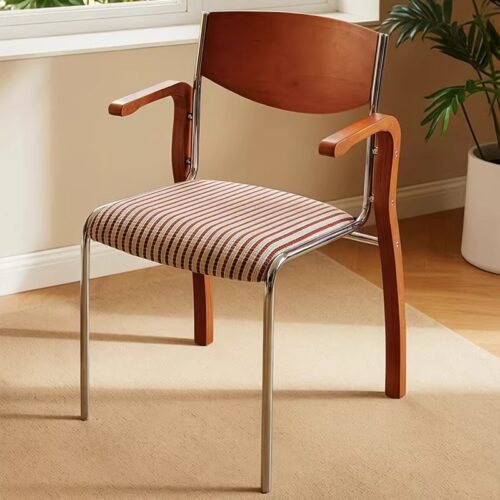 Armrest Dining Chair Q195 Carbon Steel Frame Multi‑layer Solid Wood Back Padded Seat Side Chair for Home Office Cafe - D...