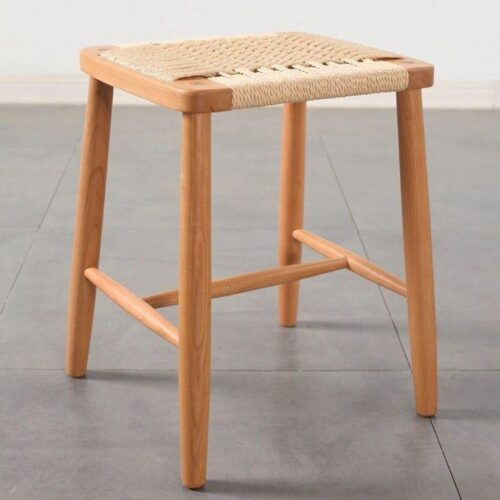 Rubber Wood Stool Hand‑Woven Rope Seat Solid Wood Square Side Stool Dining Bar Stool for Home Kitchen Living Room - Dini...