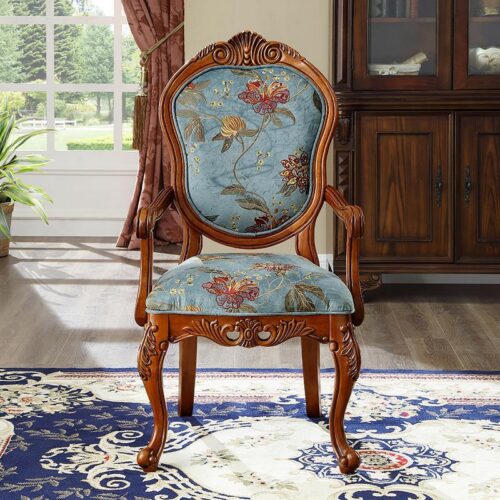 Vintage Carved Rubber Wood Arm Dining Chair Floral Fabric Upholstered Side Chair for Dining Room Hotel - Dining chair - QO...