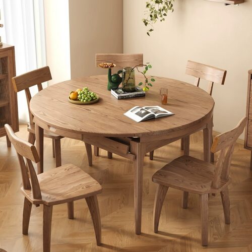 Solid Ash Wood Extendable Dining Table Round to Oval Foldable Expandable Dinner Table for Home Dining Room - Dining table ...
