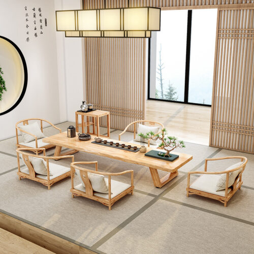 Solid Wood Japanese‑Style Tea Table Set With Chairs - Living room furniture - QONKA HOME