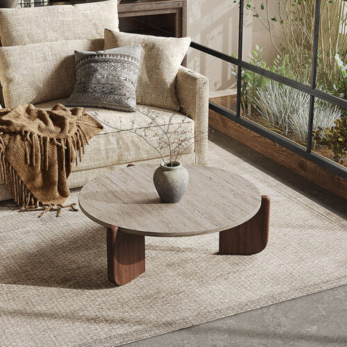 Natural Travertine round Coffee Table & Side Table Set Wabi‑Sabi Solid Wood Leg - Coffee table - QONKA HOME