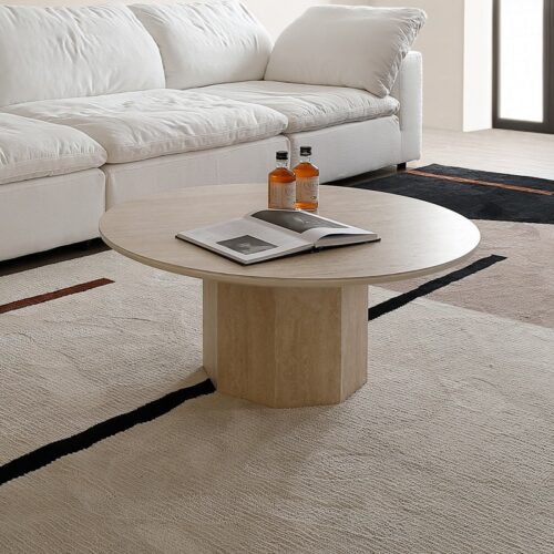 Round Sintered Stone Coffee Table Wood Veneer Base Minimalist Wabi‑Sabi Living Room Center Tea Table - Coffee table - QO...