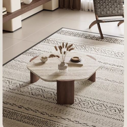 Hexagonal Natural Travertine Coffee Table Solid Wood Leg Wabi‑Sabi - Coffee table - QONKA HOME