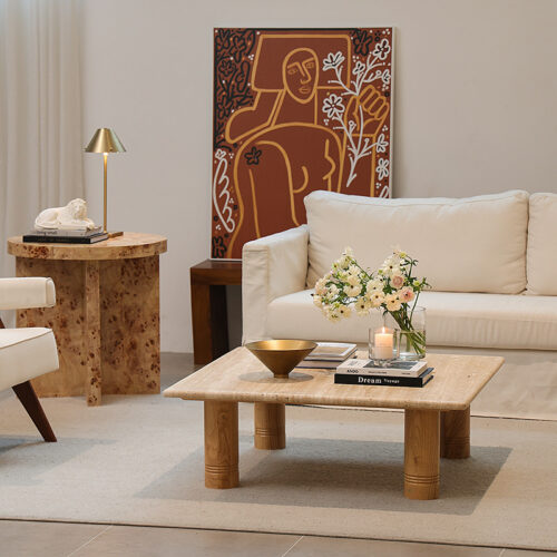 Natural Travertine Top Solid Wood Leg Coffee Table Rectangular Real Stone Center Table - Coffee table - QONKA HOME